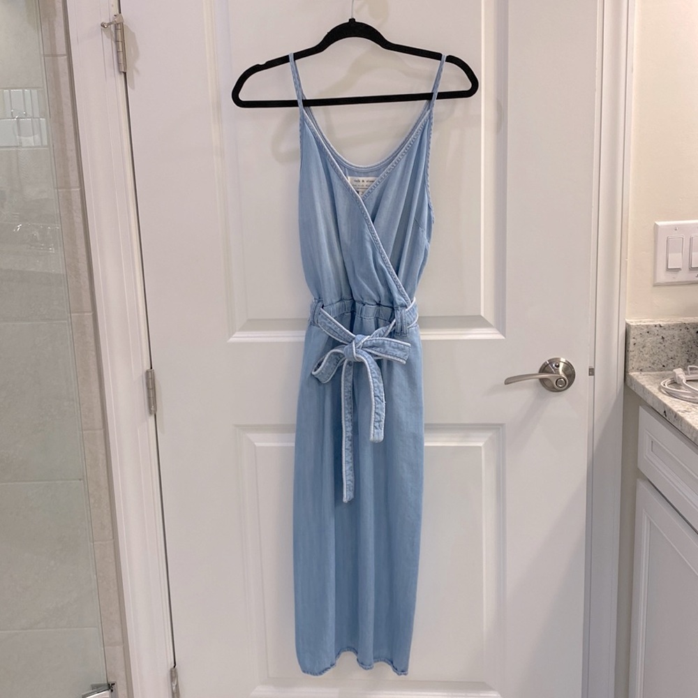 Chambray faux wrap midi dress